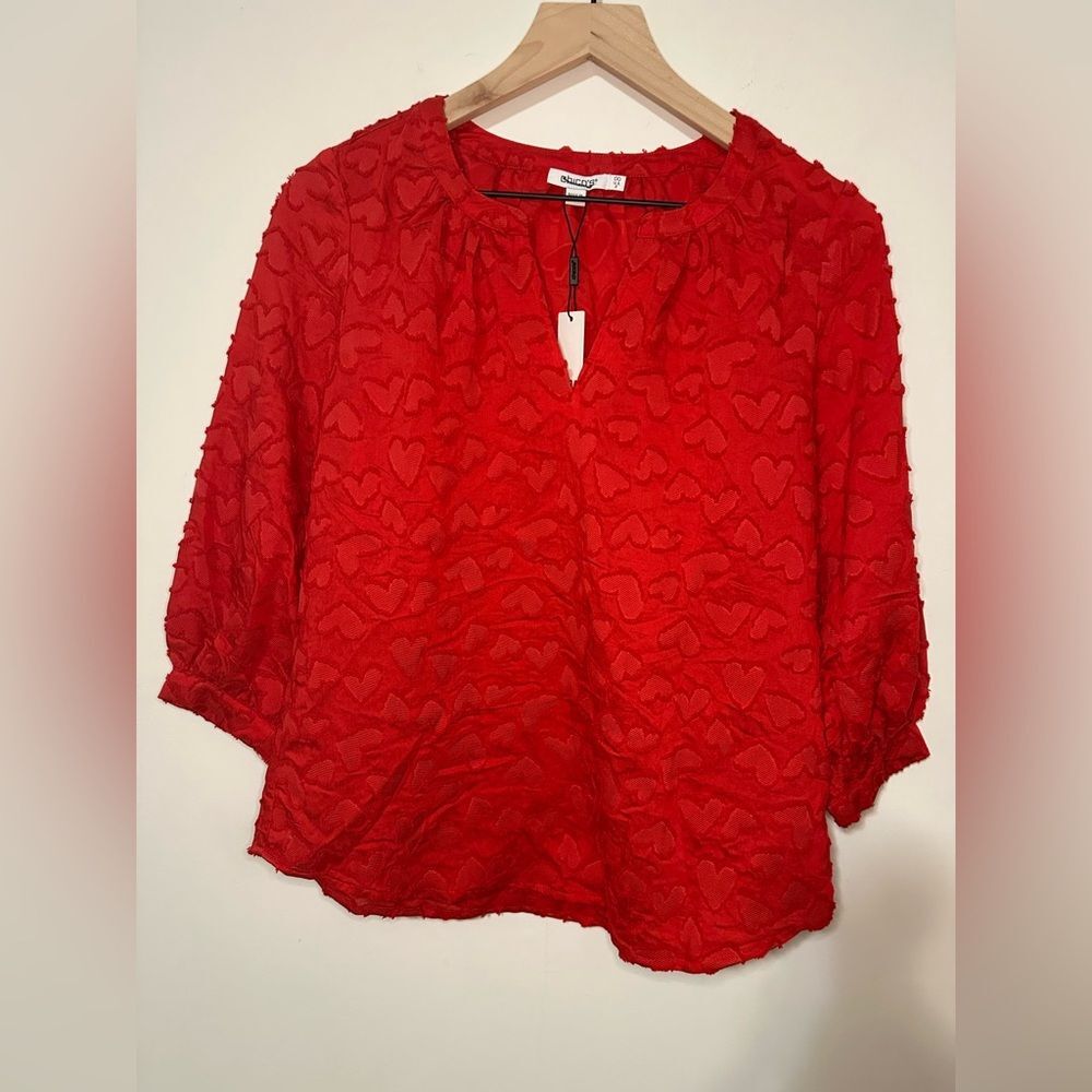 Chico's Heart Embellished Top SZ 00 US 2 V Neck 3/4 Sleeve Color Red